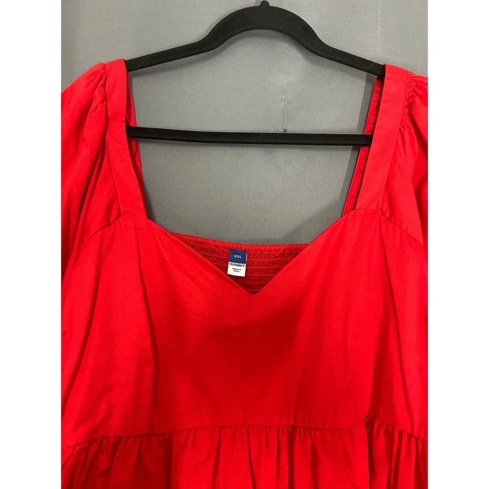 Cottagecore Red Puff Sleeve Peplum Top Square Neck Cotton Poplin Blouse XXL